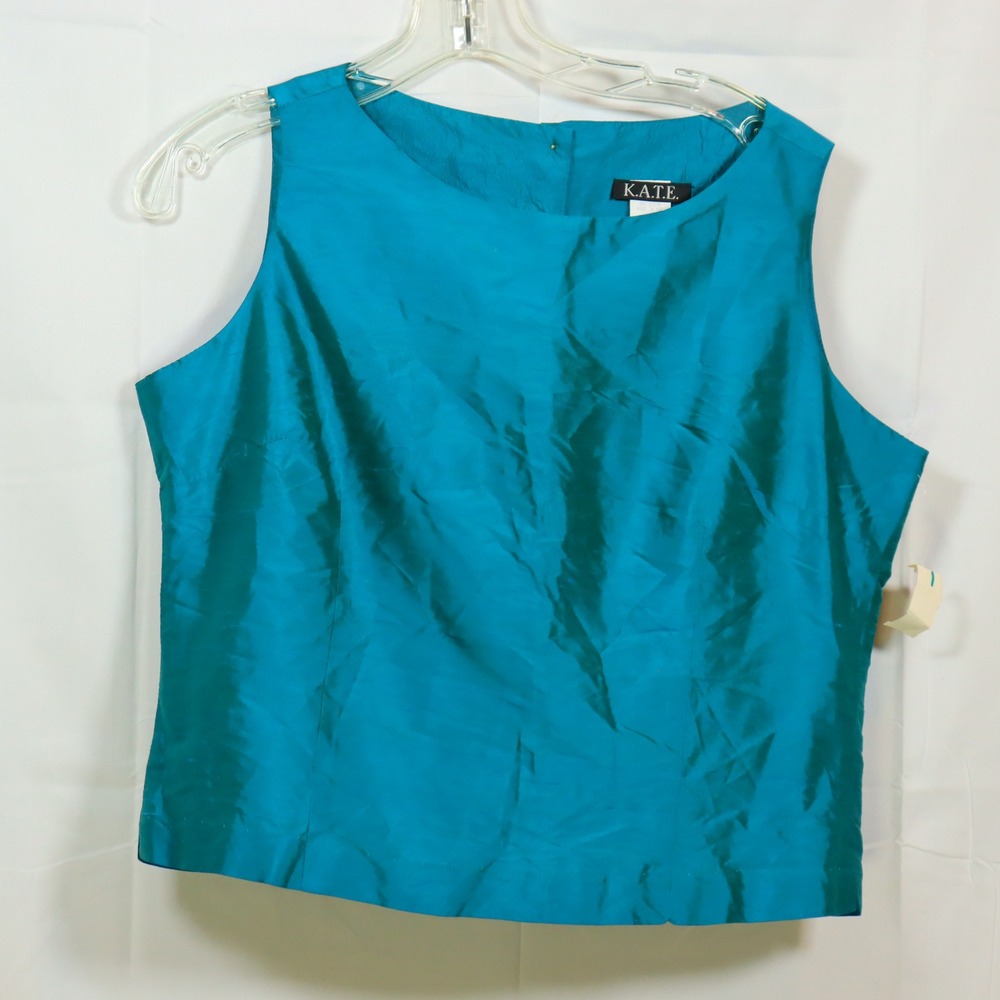 K.A.T.E. Sleeveless Silk Top Large Teal Womens Vintage Retro Button Back Blouse